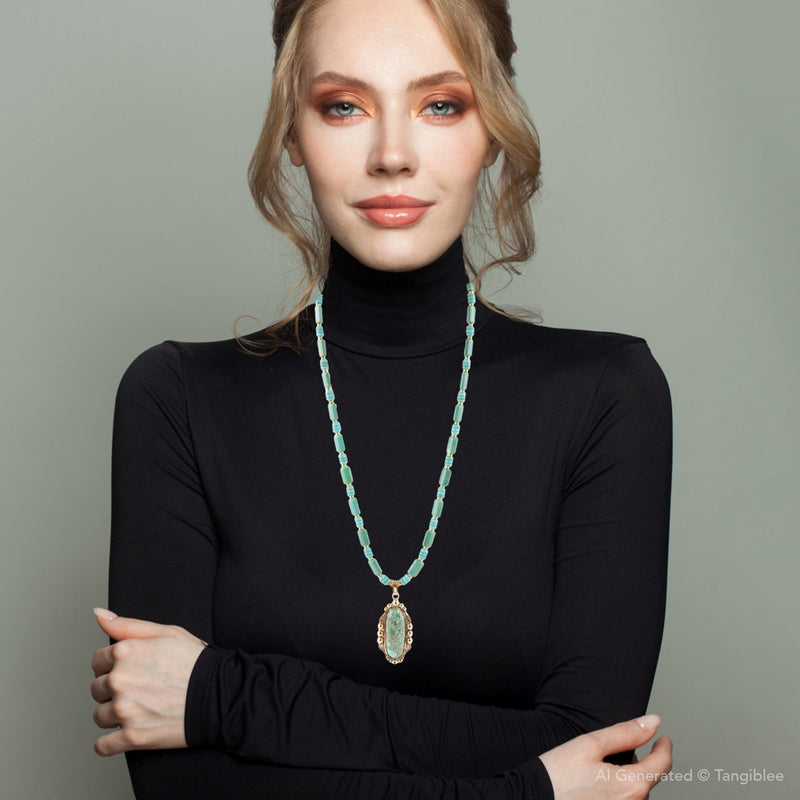 Plateau Blue Turquoise Golden Pendant Necklace - Barse Jewelry