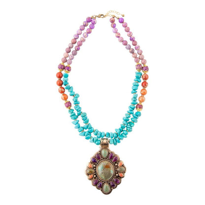 Prescott Blue Turquoise Purple and Orange Statement Pendant Golden Necklace - Barse Jewelry