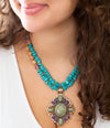 Prescott Blue Turquoise Purple and Orange Statement Pendant Golden Necklace - Barse Jewelry