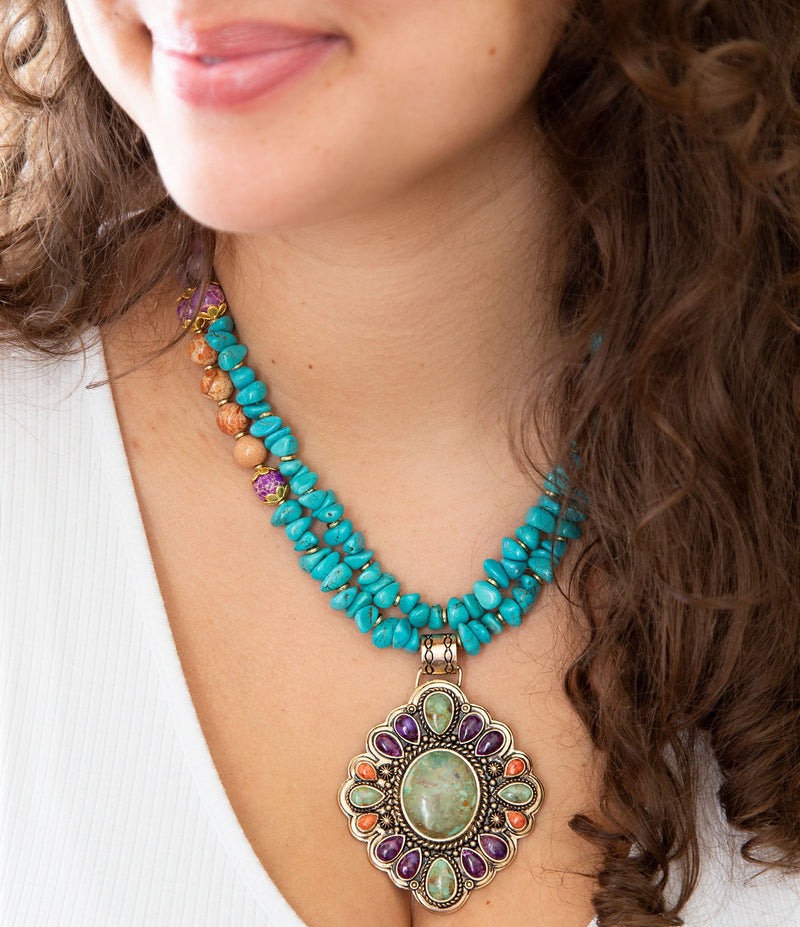 Prescott Blue Turquoise Purple and Orange Statement Pendant Golden Necklace - Barse Jewelry