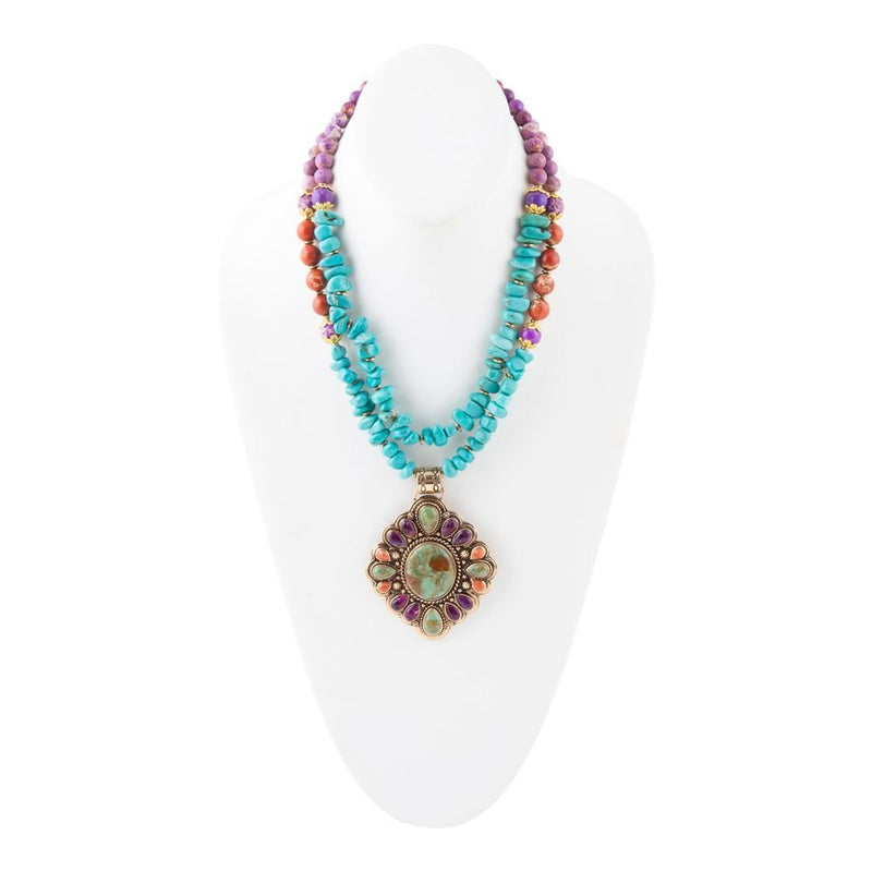 Prescott Blue Turquoise Purple and Orange Statement Pendant Golden Necklace - Barse Jewelry