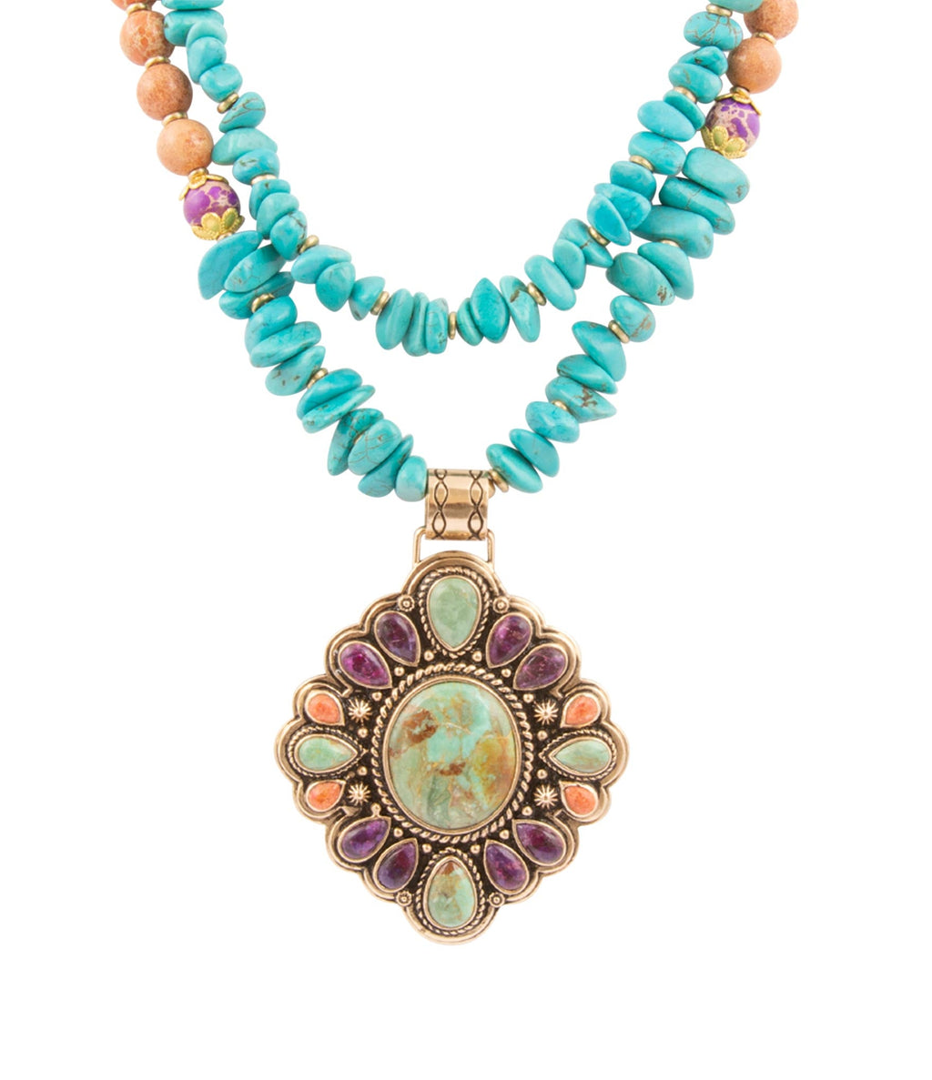 Prescott Blue Turquoise Purple and Orange Statement Pendant Golden Necklace - Barse Jewelry