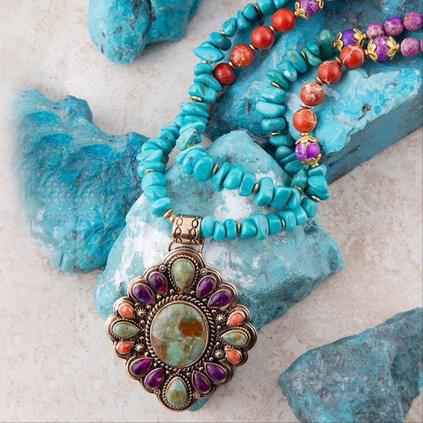 Prescott Blue Turquoise Purple and Orange Statement Pendant Golden Necklace - Barse Jewelry