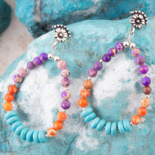 Prescott Blue Turquoise Purple and Orange Sterling Silver Drop Earrings - Barse Jewelry