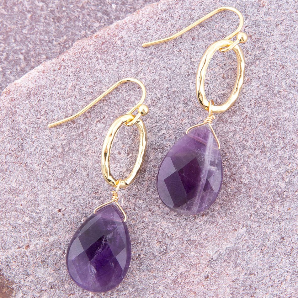 Pretty Drops of Purple Amethyst Golden Drop Earrings - Barse Jewelry