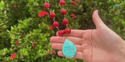 Blue and Red Turquoise Teardrop Golden Necklace
