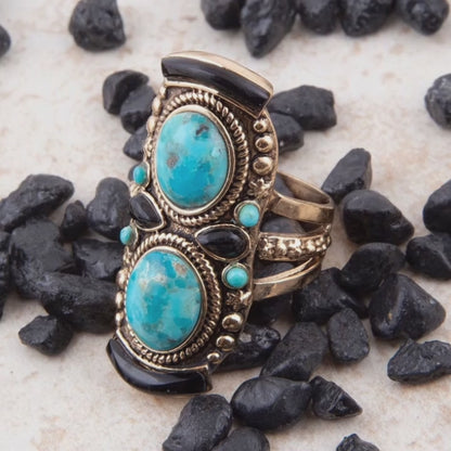 Double Up Blue Turquoise and Black Onyx Golden Ring