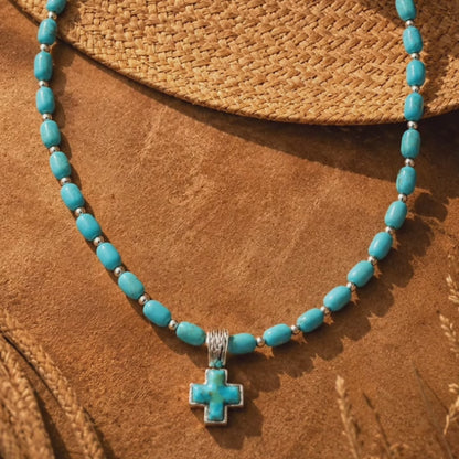 Full of Grace Blue Turquoise and Silver Cross Necklace