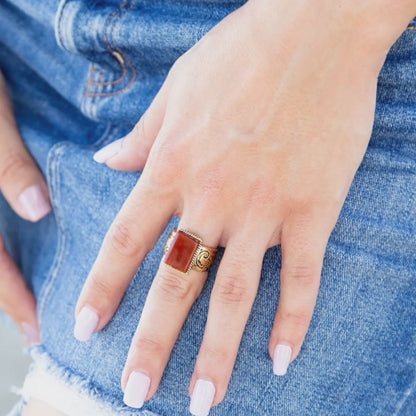 Stamped Orange Carnelian Golden Ring