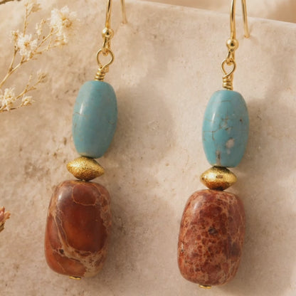 Sunset Sky Blue Magnesite and Orange Golden Drop Earrings