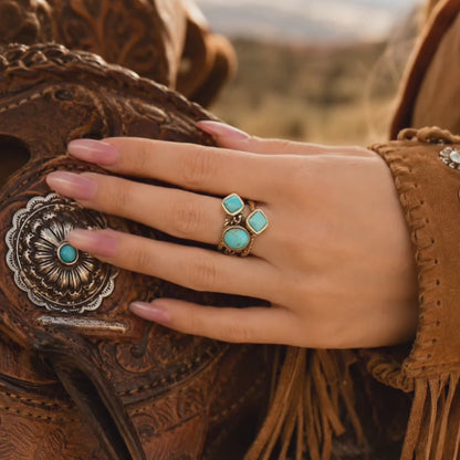 Multi-Shape Blue Turquoise and Golden Trio Ring Set
