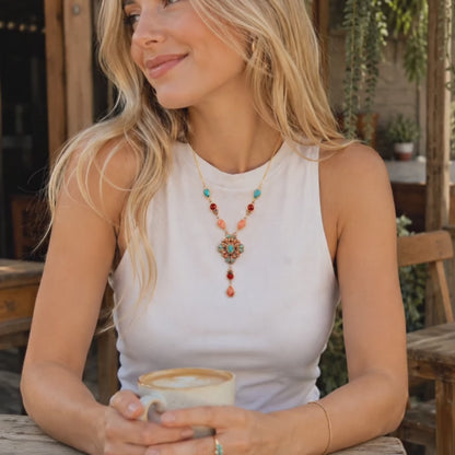 Sundown Blue Turquoise Orange Coral Golden Y Necklace