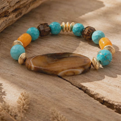 Earthbound Blue Turquoise Brown Agate Golden Chunky Bracelet