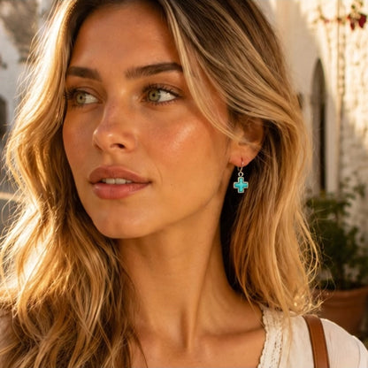 Full of Grace Blue Turquoise and Silver Cross Drop Earrings