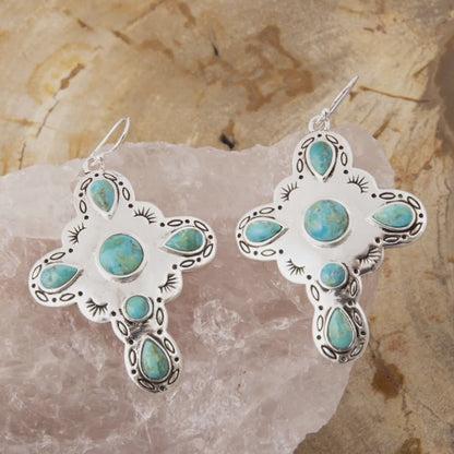 Way Out West Blue Turquoise Silver Cross Statement Earrings