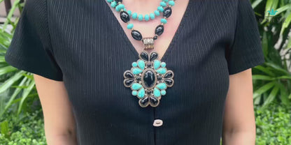 Barcelona Blue Turquoise and Black Onyx Golden Statement Necklace