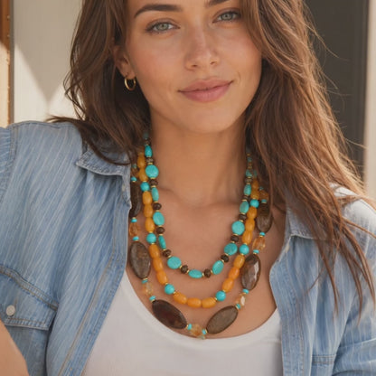 Earthbound Blue Turquoise Brown Bronzite Golden Statement Necklace