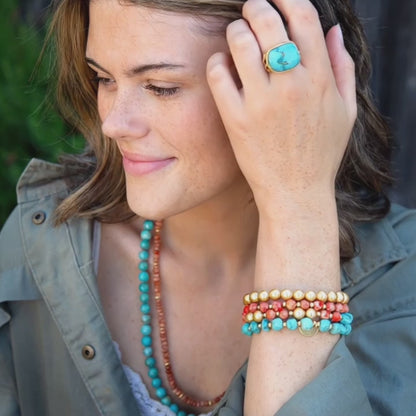 Canyon Blue Magnesite and Orange Jasper Golden Stretch Bracelet Set