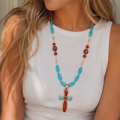 Crimson Sky Blue Turquoise Orange Carnelian Golden Cross Pendant Necklace