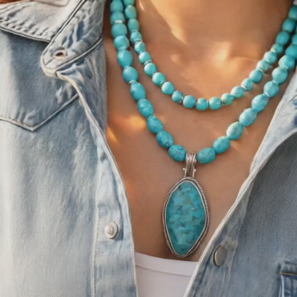 Boulder Blue Turquoise Silver Roped Pendant Statement Necklace