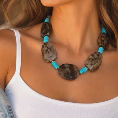 Desert Horizon Blue Turquoise and Brown Agate Golden Statement Necklace