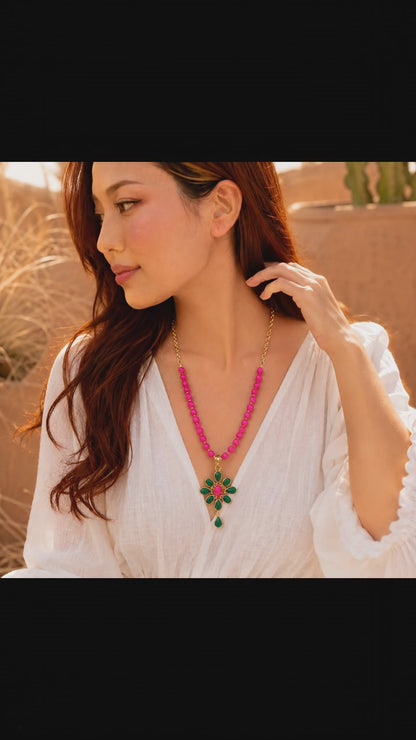 Flowering Green Agate Pink Pendant Necklace