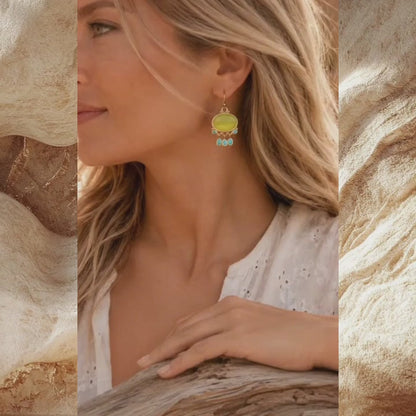 Sunny Yellow Quartz and Turquoise Golden Drop Earrings