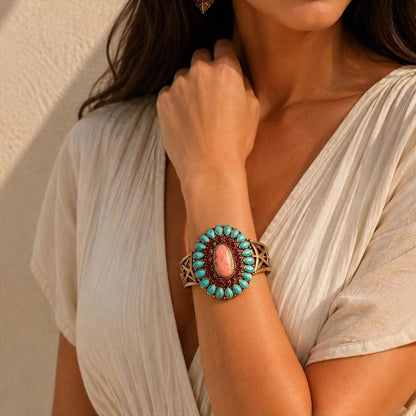 Adobe Blue Turquoise and Orange Coral Golden Statement Cuff Bracelet