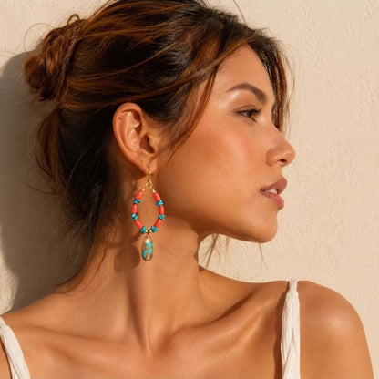 Sunset Sky Blue Turquoise and Orange Spiny Oyster Golden Charm Earrings