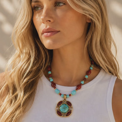 Crimson Sky Blue Turquoise Orange Carnelian Golden Pendant Necklace