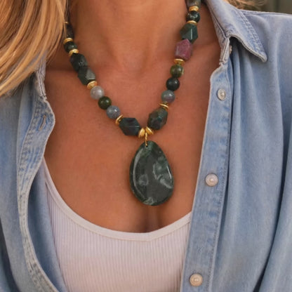 Verdant Glow Green Agate Pendant Golden Statement Necklace
