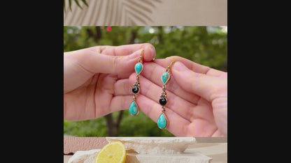 Barcelona Blue Turquoise and Black Onyx Linear Drop Golden Earrings