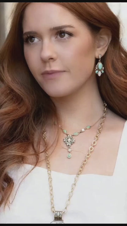 White Mother of Pearl and Blue Turquoise Golden Barcelona Y-Necklace