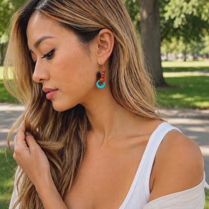 Adobe Blue Turquoise and Orange Jasper Golden Hoop Earrings