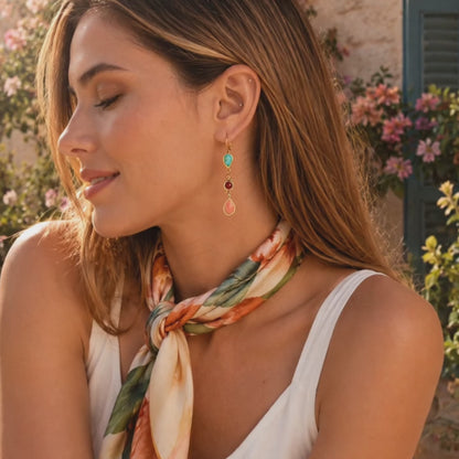 Sundown Blue Turquoise Orange Coral Golden Drop Earrings