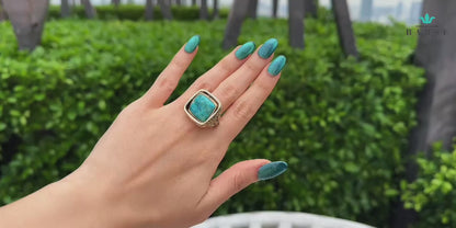 Blue Turquoise and White Mother of Pearl Flip Reversible Golden Ring