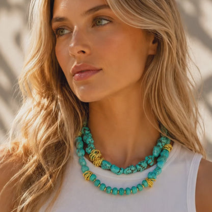 Big Sky Blue Turquoise Golden Cluster Statement Necklace