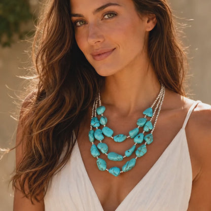 Big Sky Blue Turquoise Nugget Silver Statement Necklace