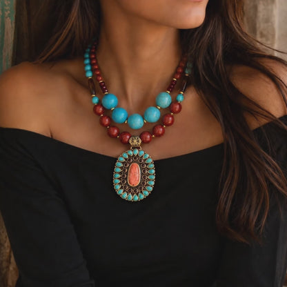 Adobe Blue Turquoise and Orange Coral Golden Pendant Statement Necklace