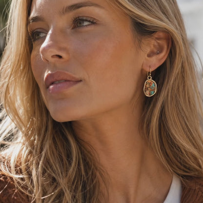 Mesa Glow Blue Turquoise Orange Spiny Oyster Matrix Golden Drop Earrings