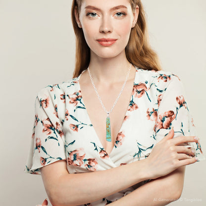 Woman wearing a floral blouse and necklace against a plain background