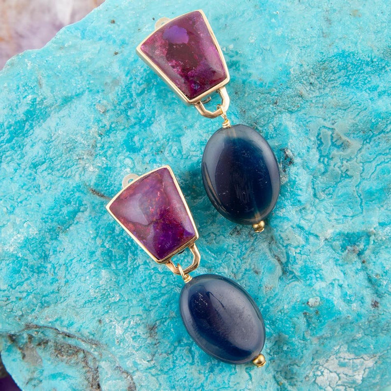 Purple Turquoise Indigo Golden Clip Earrings - Barse Jewelry