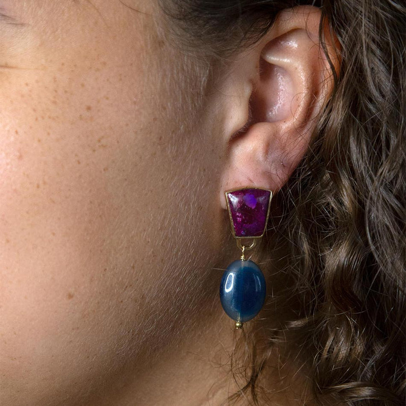 Purple Turquoise Indigo Golden Clip Earrings - Barse Jewelry