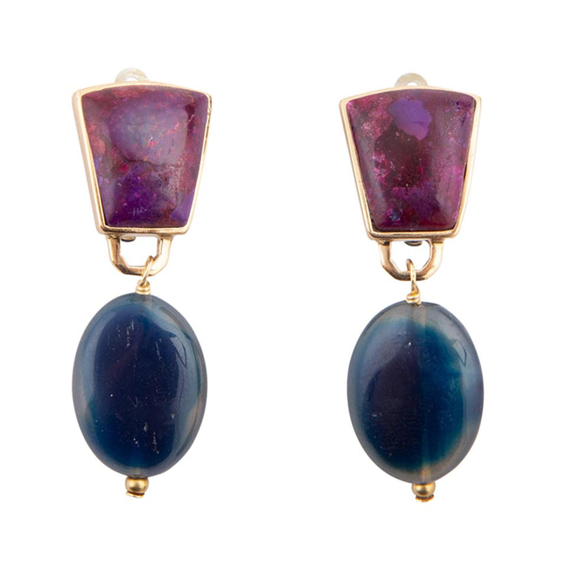 Purple Turquoise Indigo Golden Clip Earrings - Barse Jewelry
