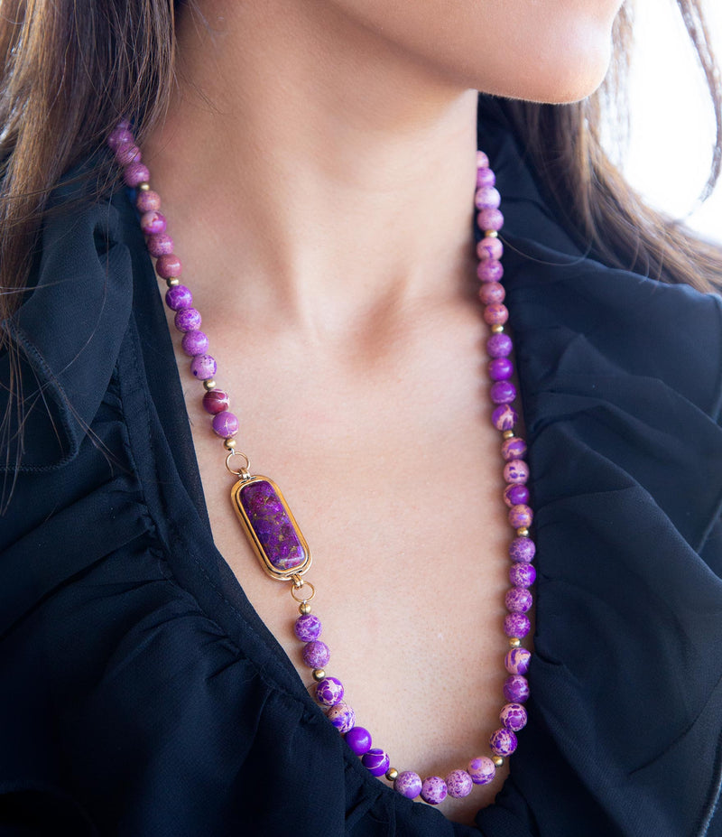 Purple Turquoise Linked Golden Necklace - Barse Jewelry