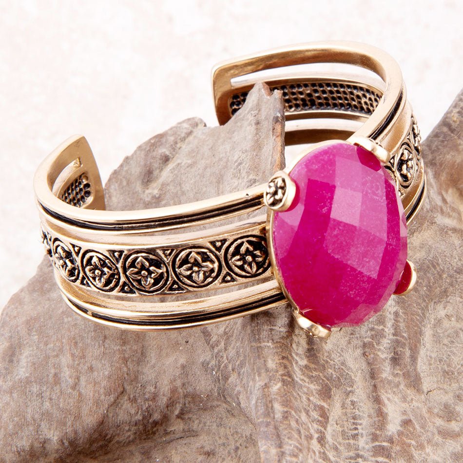 Raspberry Quartz Golden Statement Cuff Bracelet - Barse Jewelry
