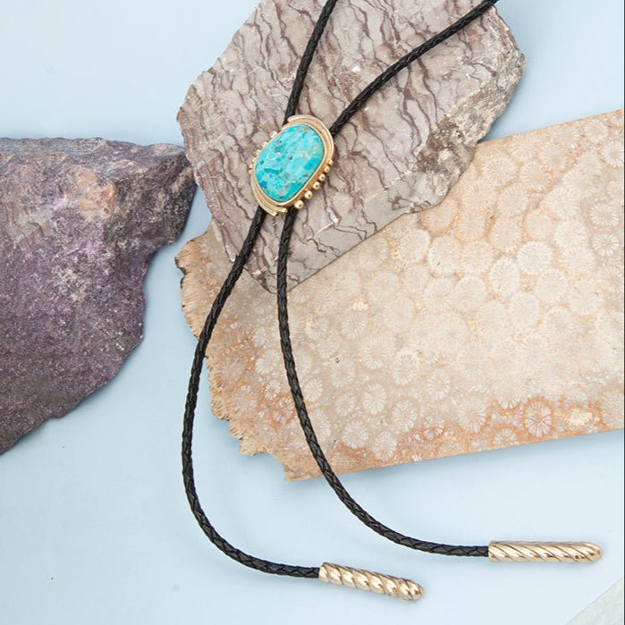 Rawlins Blue Turquoise Black Leather Golden Bolo Necklace - Barse Jewelry