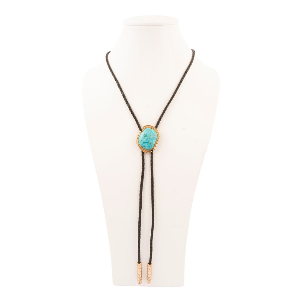 Rawlins Blue Turquoise Black Leather Golden Bolo Necklace - Barse Jewelry