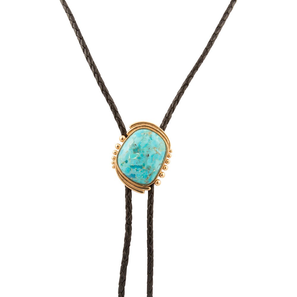 Rawlins Blue Turquoise Black Leather Golden Bolo Necklace - Barse Jewelry