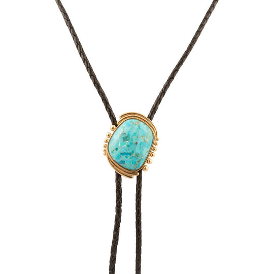 Rawlins Blue Turquoise Black Leather Golden Bolo Necklace